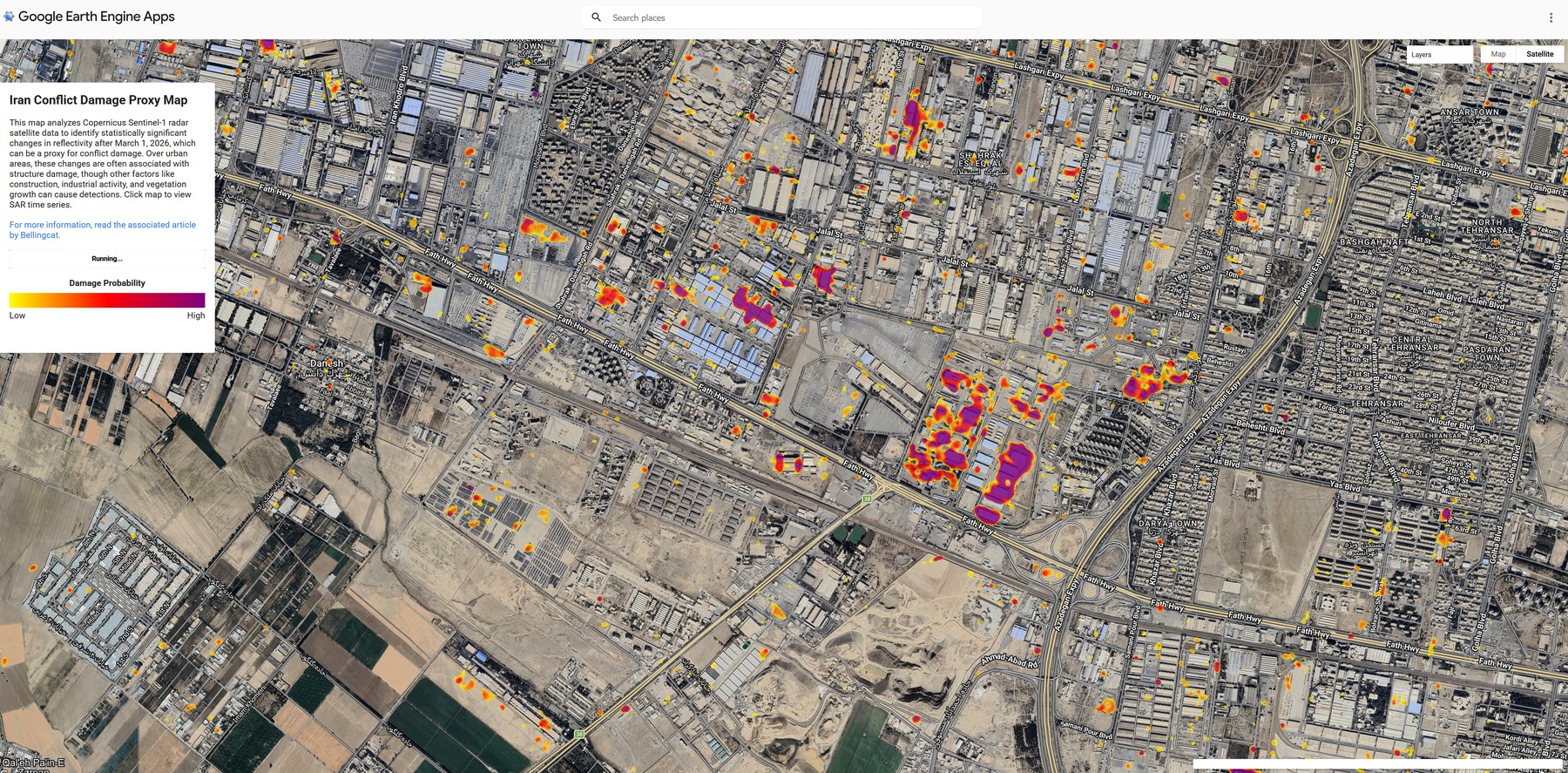 Iran Conflict Damage Proxy Map — area a ovest di Tehran