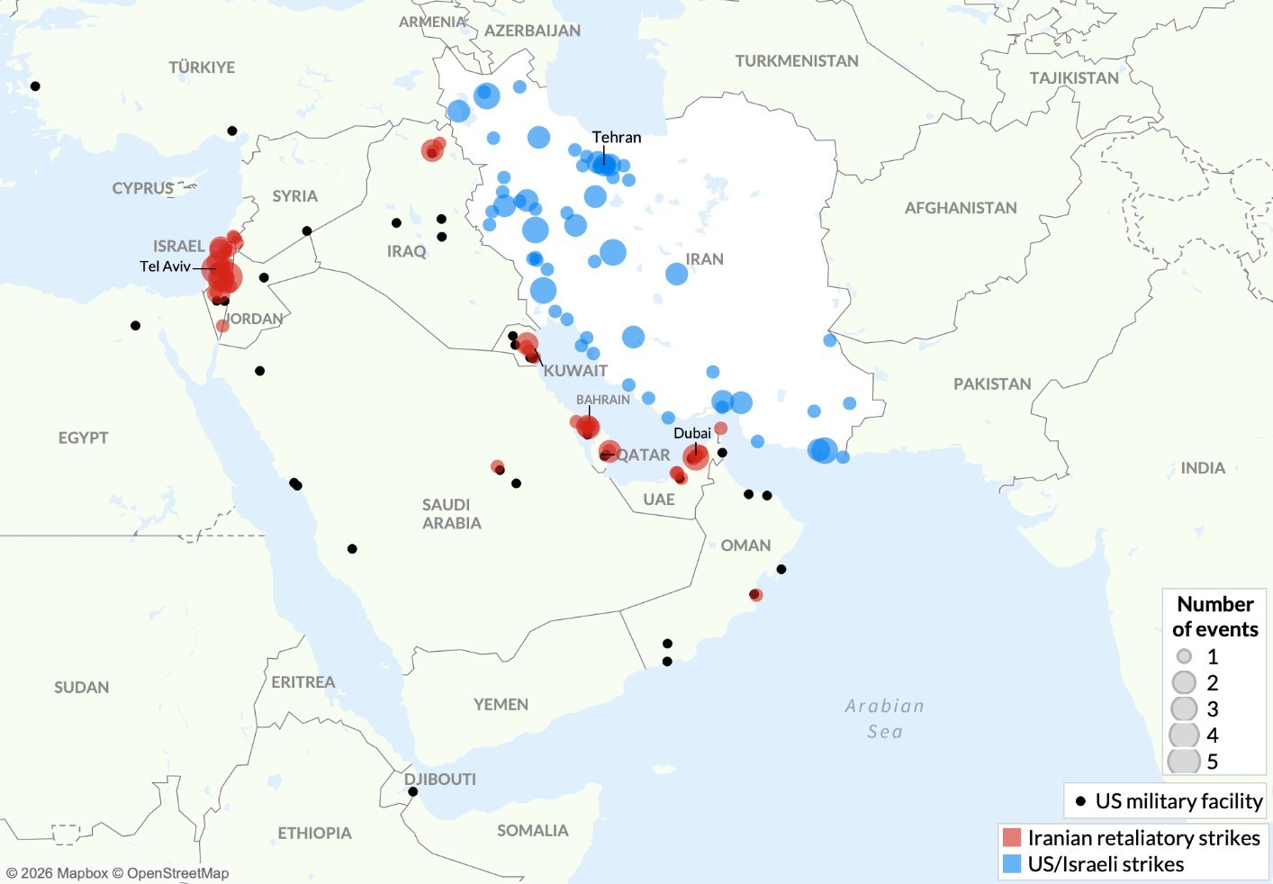 Strikes by the US-Israel coalition and Iranian retaliation, February 28 - March 1, 2026