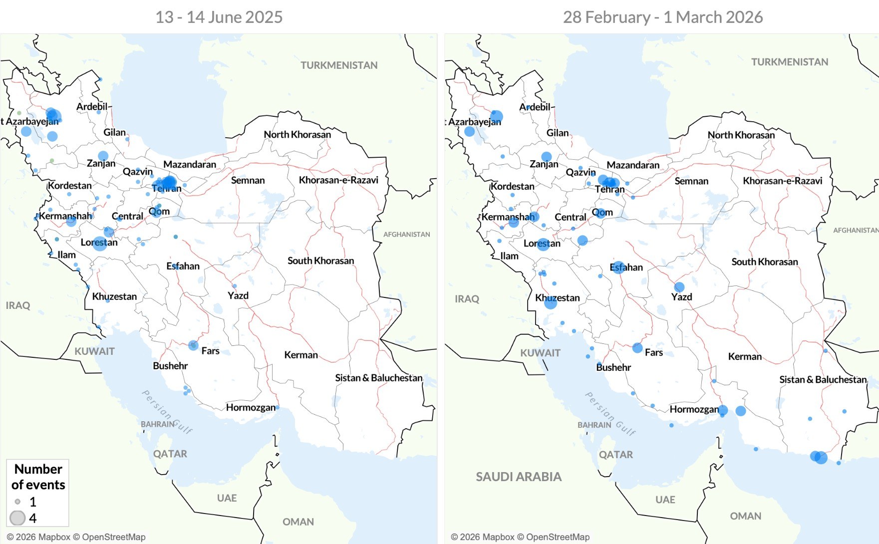 Comparison between the June 2025 strikes and those of February-March 2026