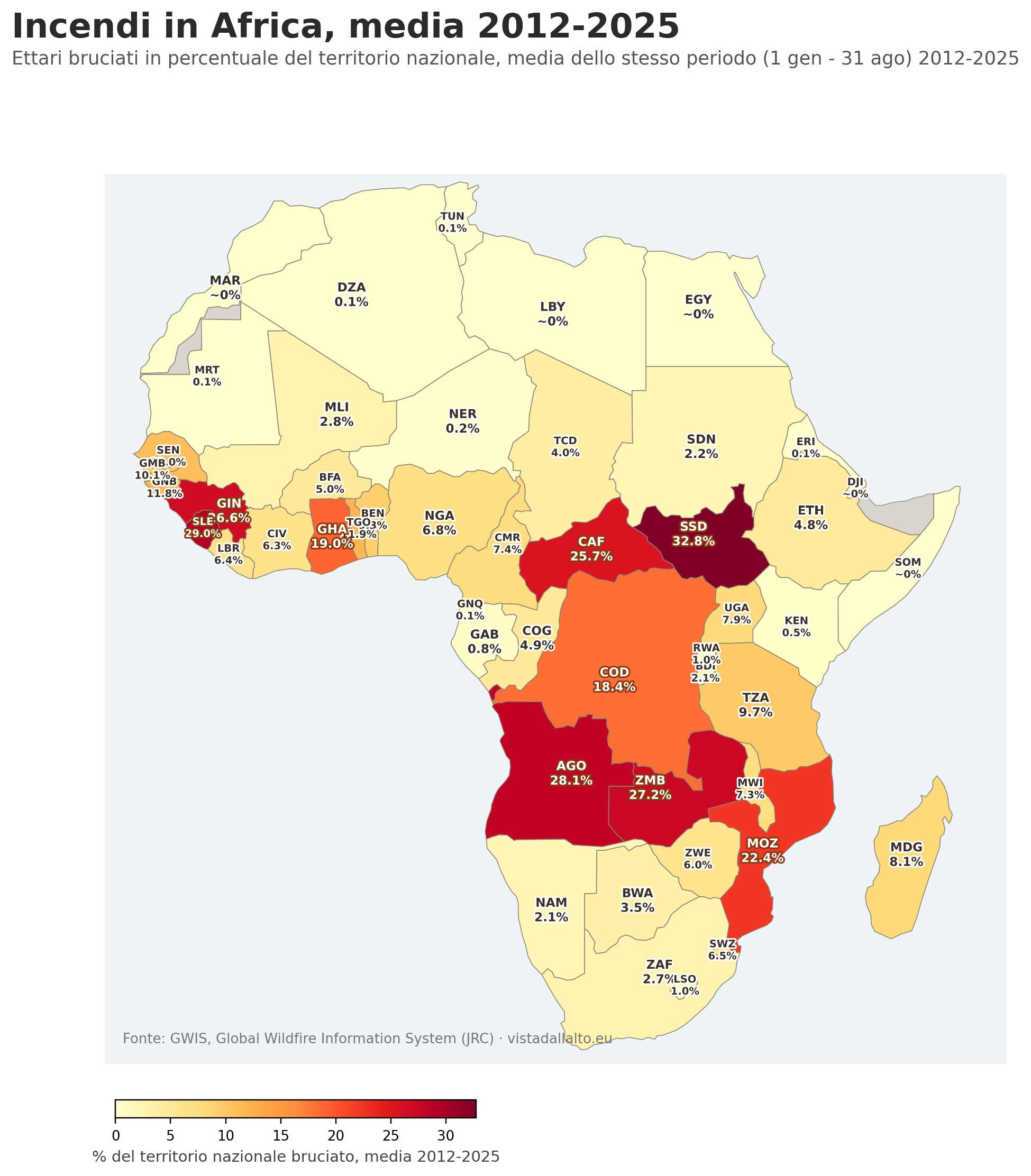 Incendi in Africa, media 2012-2025