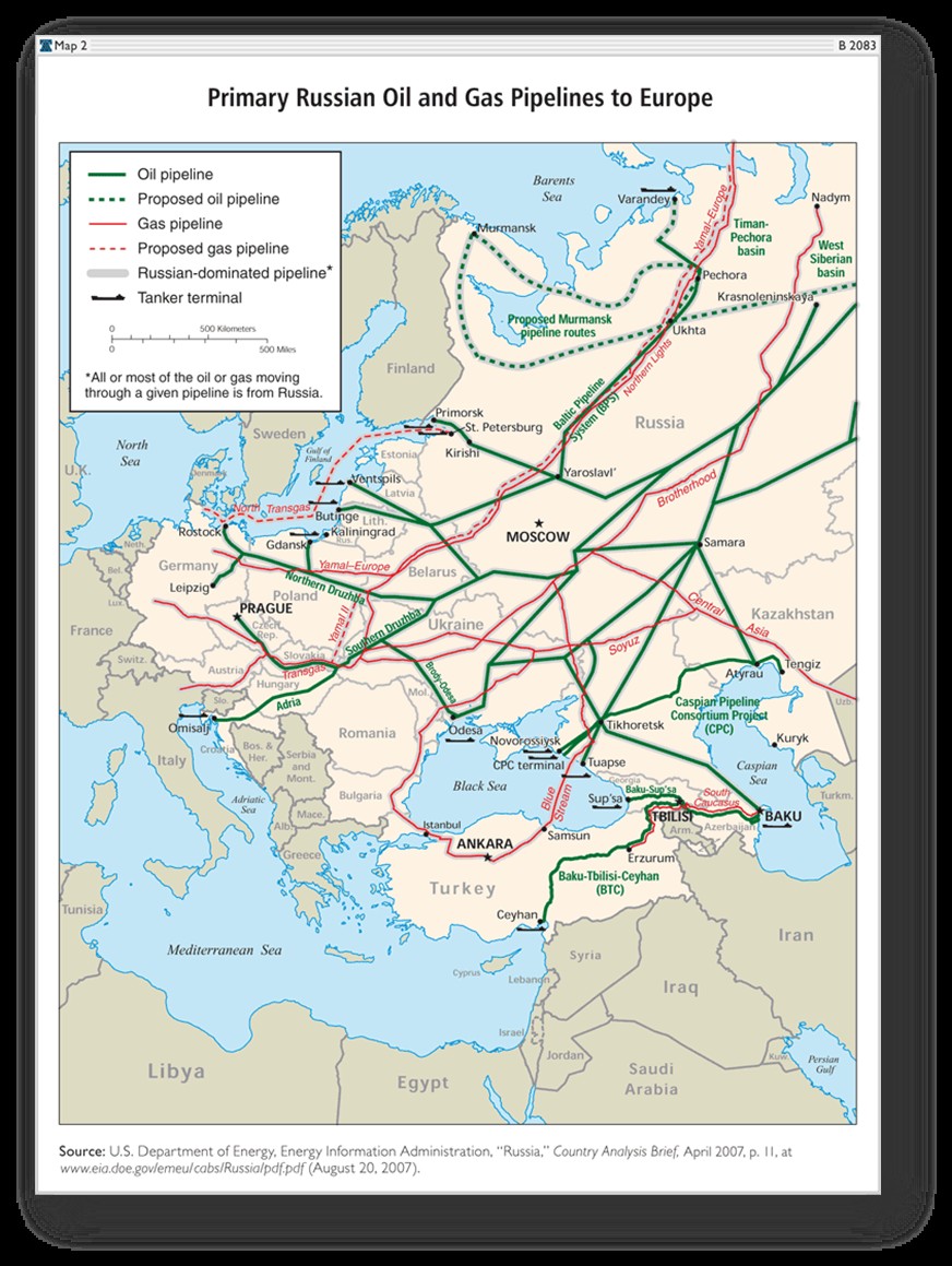 Historical map of Russian oil and gas pipelines to Europe, 2007